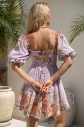 Twisted V Neck Puff Sleeve Floral A-Line Mini Dresses-Purple